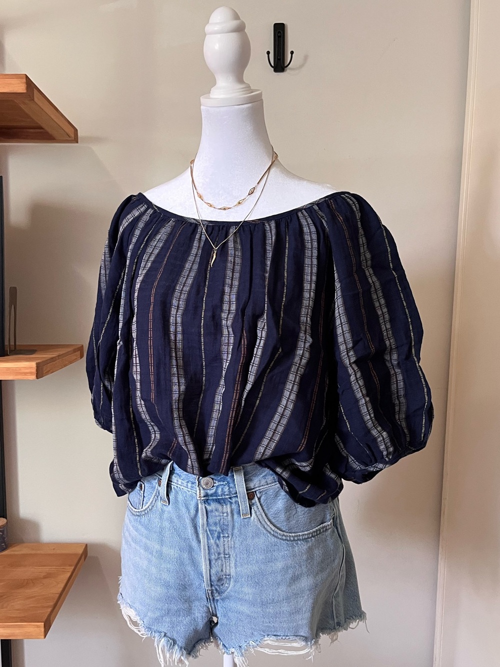 Anthropologie Drew Aria Cotton Peasant Blouse in Indigo Stripe Large $185